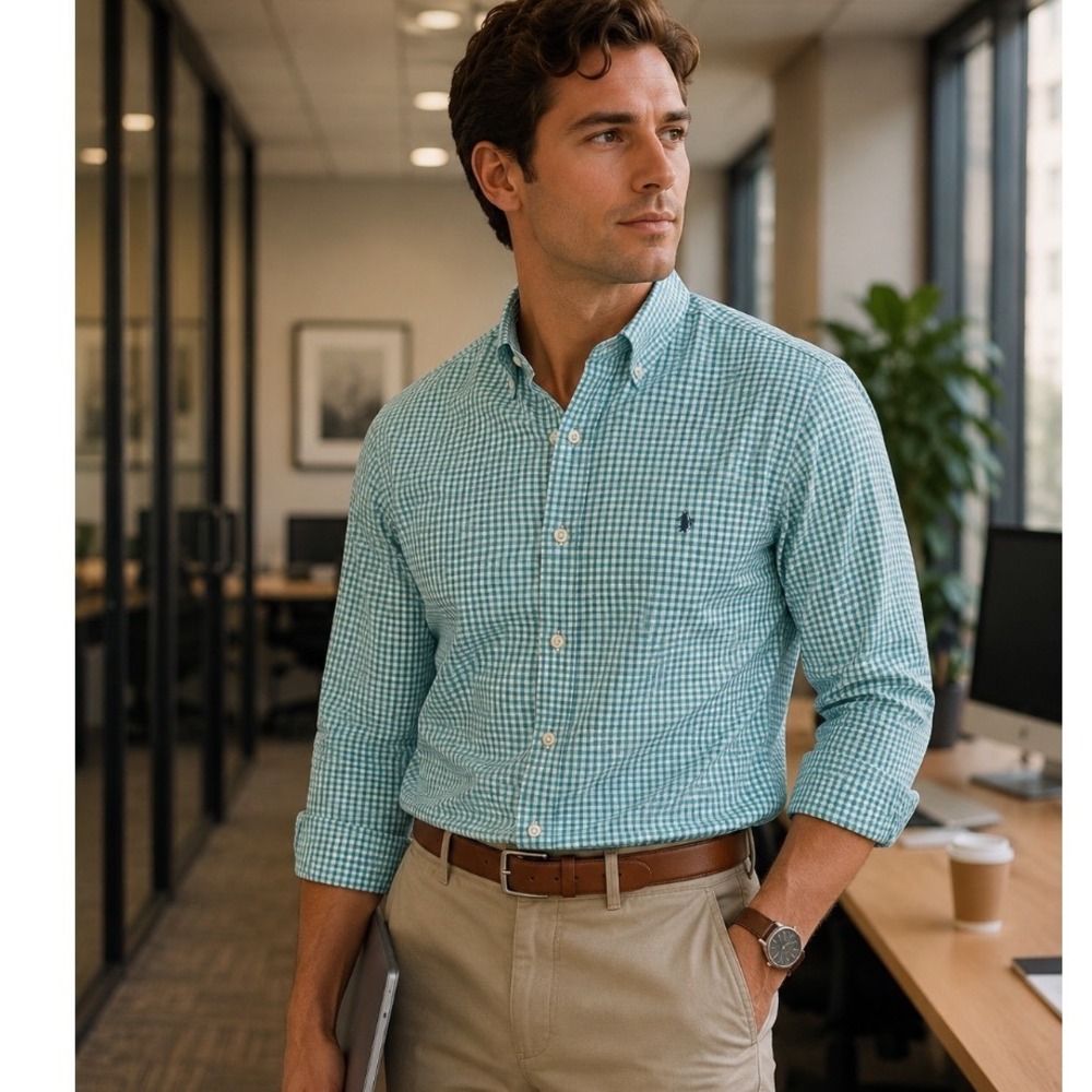 Brooks Brothers 346 Mens XL Teal Gingham Non-Iron Cotton Button Down‎ Shirt